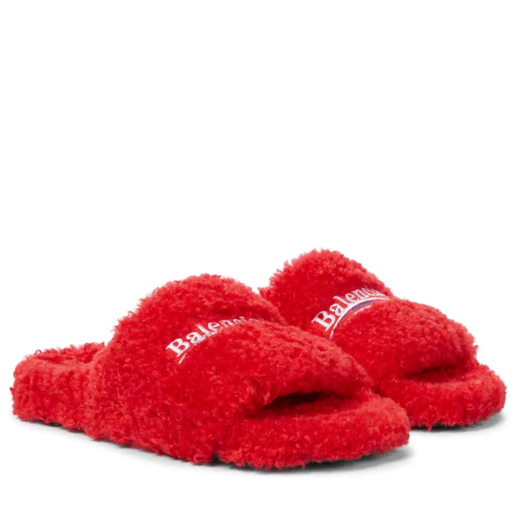 Balenciaga political campaign logo faux shearling fur slides